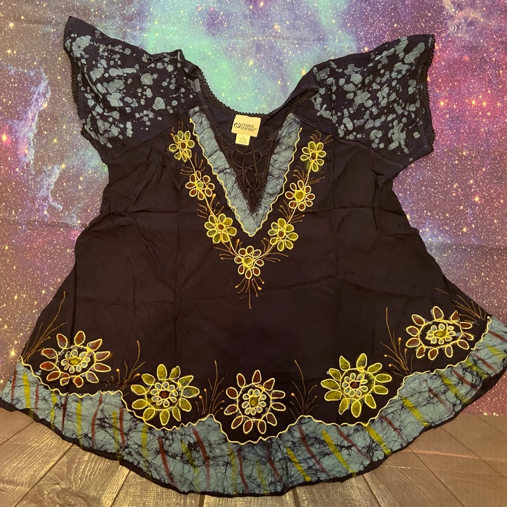 Women's Navy & Gold Embroidered Dress Boho Beautiful Casual XL Cozee Corner NEW